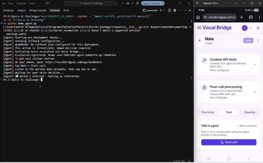 Voice escalation demo — terminal running demo_agent.py alongside Vocal Bridge Nate agent on mobile